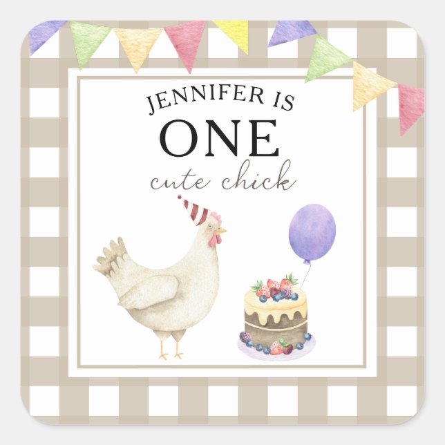 Pegatina Cuadrada Watercolor Chick 1er cumpleaños (Anverso)