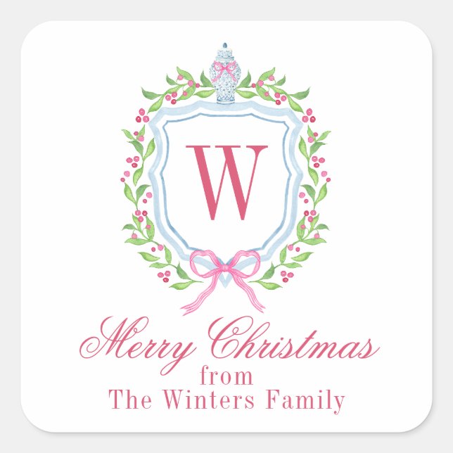 Pegatina Cuadrada Watercolor Chinoiserie Ginger Jar Monograma Escudo (Anverso)