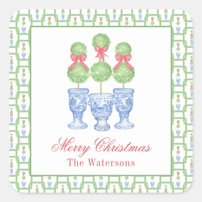 Pegatina Cuadrada Watercolor Chinoiserie Navidades Bow Topiary Gift (Anverso)