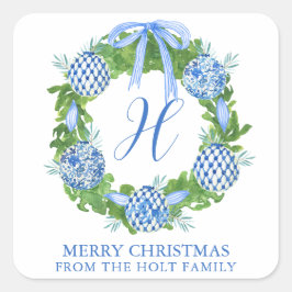 Pegatina Cuadrada Watercolor Chinoiserie Navidades Wreath