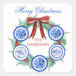 Pegatina Cuadrada Watercolor Chinoiserie Plates Wreath Navidades