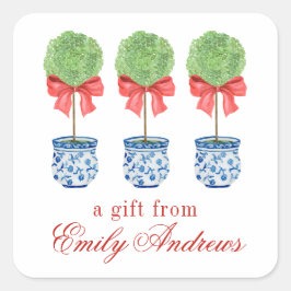 Pegatina Cuadrada Watercolor Chinoiserie Red Bow Topiary