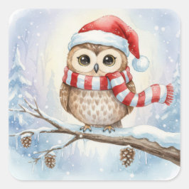 Pegatina Cuadrada Watercolor Christmas Owl In a Santa Hat