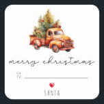 Pegatina Cuadrada Watercolor Christmas Tree Truck Feliz Navidad<br><div class="desc">Camión de árboles de navidad color agua pegatina de la plaza Feliz Navidad.</div>