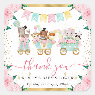 Pegatina Cuadrada Watercolor Circo rosa Animales Baby Shower Floral