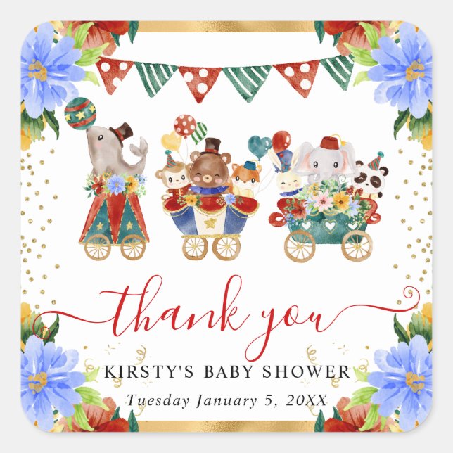 Pegatina Cuadrada Watercolor Circus Animals Entrenan en Baby Shower  (Anverso)