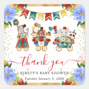 Pegatina Cuadrada Watercolor Circus Animals Entrenan en Baby Shower 