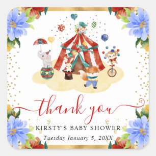 Pegatina Cuadrada Watercolor Circus Animals Floral Baby Shower