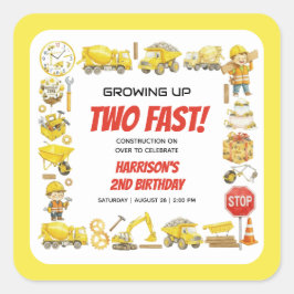 Pegatina Cuadrada Watercolor Construction 2nd Birthday Party