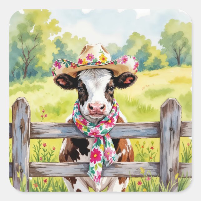 Pegatina Cuadrada Watercolor Cow Wearing a Summer Hat (Anverso)
