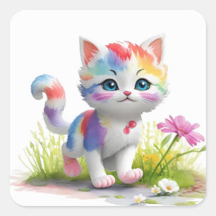 Pegatina Cuadrada Watercolor Cute cat