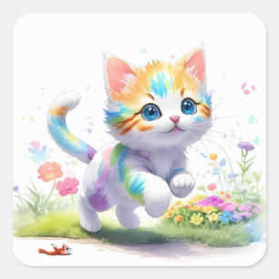 Pegatina Cuadrada Watercolor Cute cat