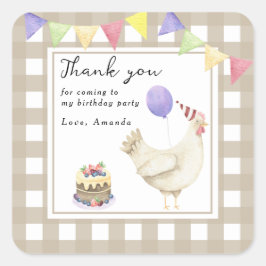 Pegatina Cuadrada Watercolor Cute Chick primer cumpleaños gracias