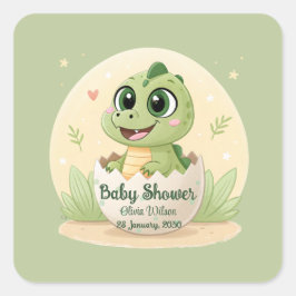 Pegatina Cuadrada Watercolor Cute Dinosaur Greenery Boy Baby Shower