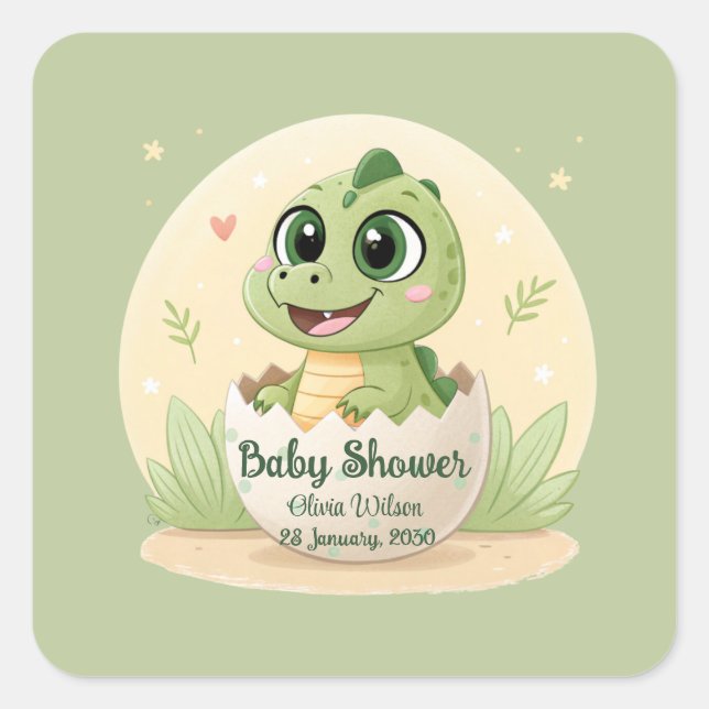 Pegatina Cuadrada Watercolor Cute Dinosaur Greenery Boy Baby Shower (Anverso)