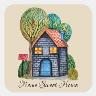 Pegatina Cuadrada Watercolor Cute Hogar Sweet Home Art