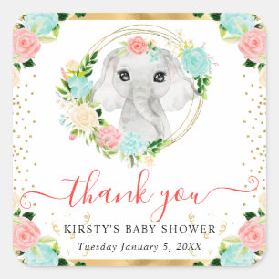 Pegatina Cuadrada Watercolor Cute Jungle Elephant Floral Baby Shower