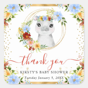 Pegatina Cuadrada Watercolor Cute Jungle Hippo Floral Baby Shower