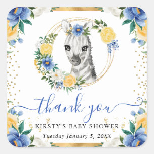 Pegatina Cuadrada Watercolor Cute Jungle Zebra Floral Baby Shower