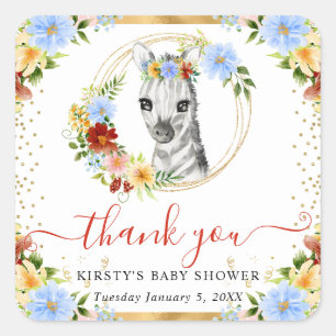 Pegatina Cuadrada Watercolor Cute Jungle Zebra Floral Baby Shower