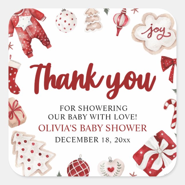 Pegatina Cuadrada Watercolor Cute Red Navidades Winter Baby Shower (Anverso)