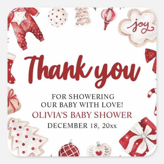 Pegatina Cuadrada Watercolor Cute Red Navidades Winter Baby Shower (Anverso)