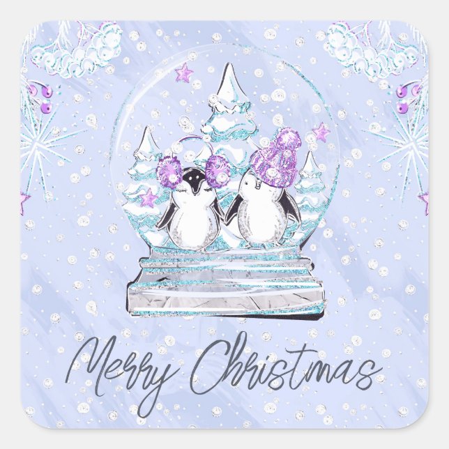 Pegatina Cuadrada Watercolor Cute Winter Pingüino Amigos Globe (Anverso)