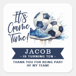 Pegatina Cuadrada Watercolor de los niños de la Marina Blue Soccer