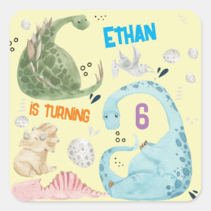 Pegatina Cuadrada Watercolor Dino fiesta cumpleaños de niños