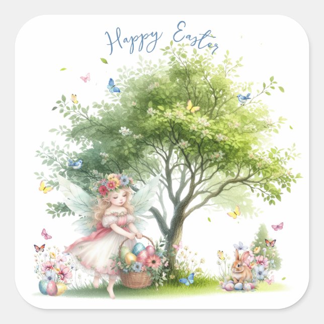 Pegatina Cuadrada Watercolor Easter Spring Fairy (Anverso)