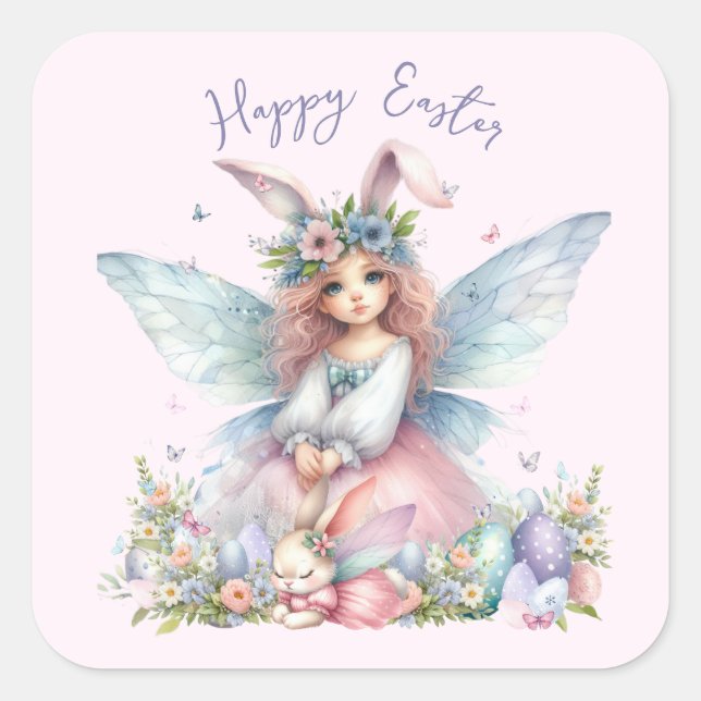 Pegatina Cuadrada Watercolor Easter Spring Fairy (Anverso)
