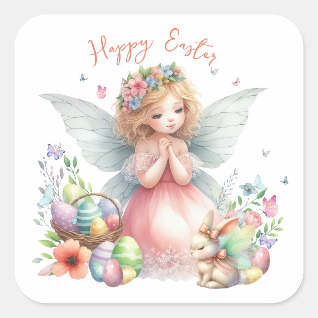 Pegatina Cuadrada Watercolor Easter Spring Fairy (Anverso)
