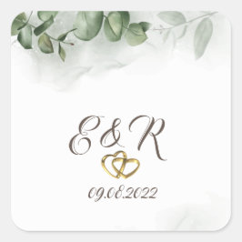 Pegatina Cuadrada Watercolor Eucalyptus Greenery Hearts Boda