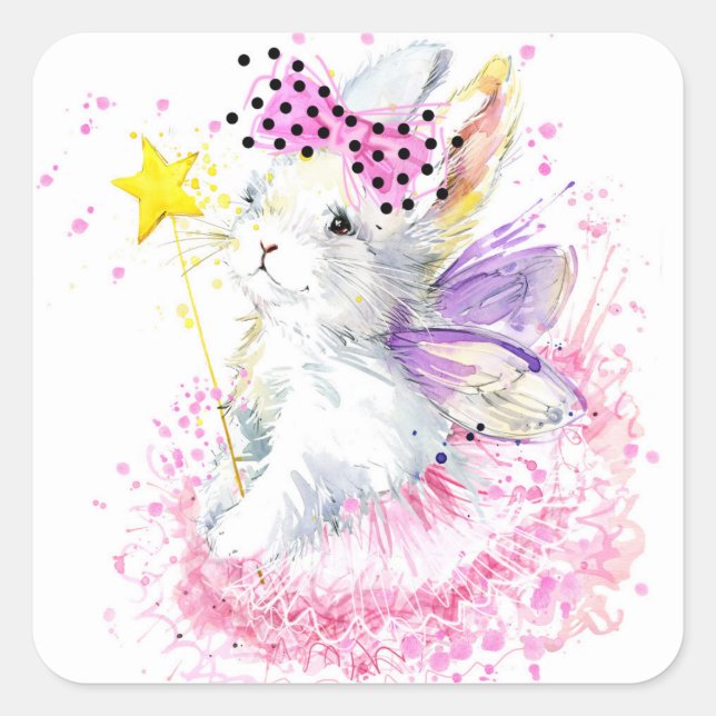 Pegatina Cuadrada Watercolor Fairy Bunny (Anverso)