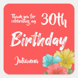 Pegatina Cuadrada Watercolor Floral 30th Birthday Favor Bags