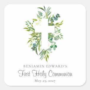 Pegatina Cuadrada Watercolor Floral Cross Greeneration First Communi