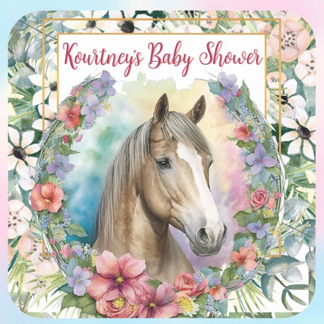 Pegatina Cuadrada Watercolor Floral Horse Baby Shower (Baby shower horse sticker with flowers all around.)