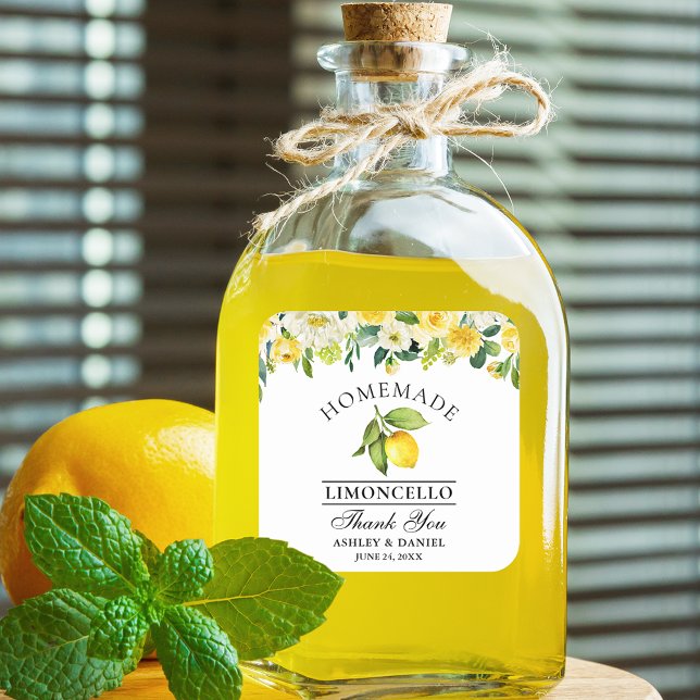 Pegatina Cuadrada Watercolor Floral Lemon Limoncello Boda (Customize to change text size, color or text style.)