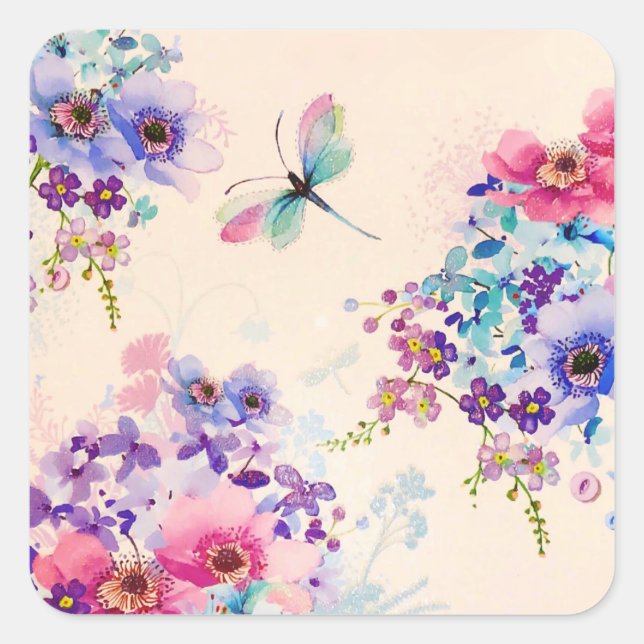 Pegatina Cuadrada Watercolor Floral Mariposa Jardín Purpurina (Anverso)