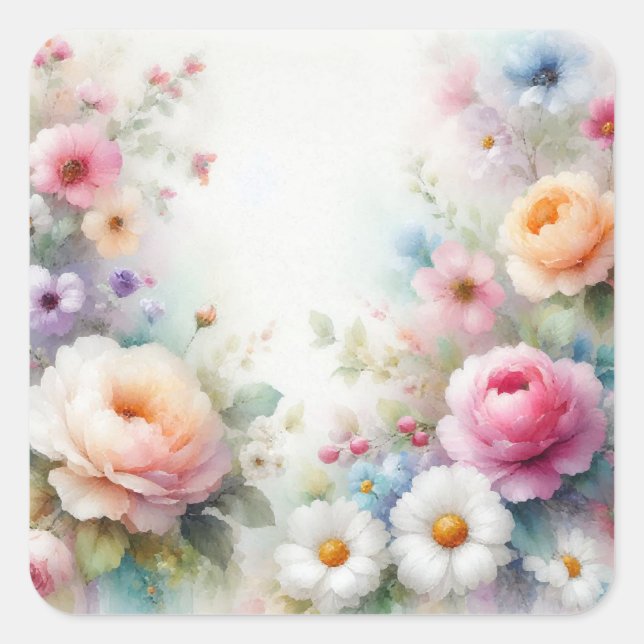 Pegatina Cuadrada Watercolor Flowers Add Your Text Blank Template (Anverso)