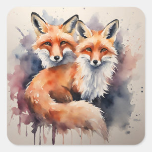 Pegatina Cuadrada Watercolor Fox
