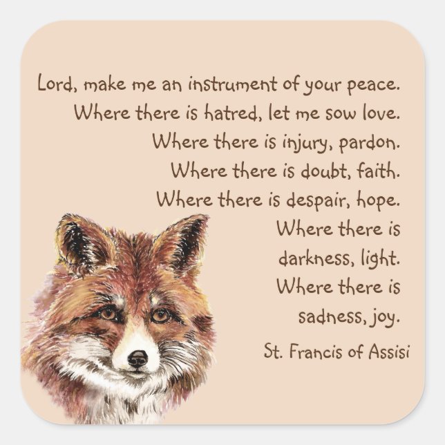 Pegatina Cuadrada Watercolor Fun Fox Animal St Francis Prayer (Anverso)