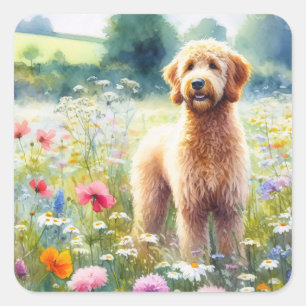 Pegatina Cuadrada Watercolor Goldendoodle Dog Wildflower Field
