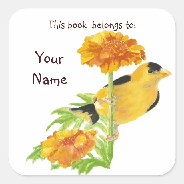 Pegatina Cuadrada Watercolor Goldfinch Bird Marigold Bookplate (Anverso)