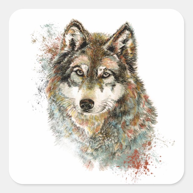 Pegatina Cuadrada Watercolor Gray Wolf Wildlife Animal Nature Art (Anverso)