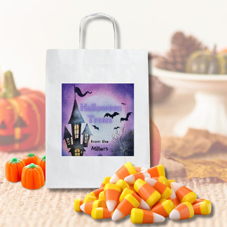 Pegatina Cuadrada Watercolor Haunted House Halloween Treat Bag