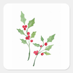 Pegatina Cuadrada Watercolor Holly Sprigs