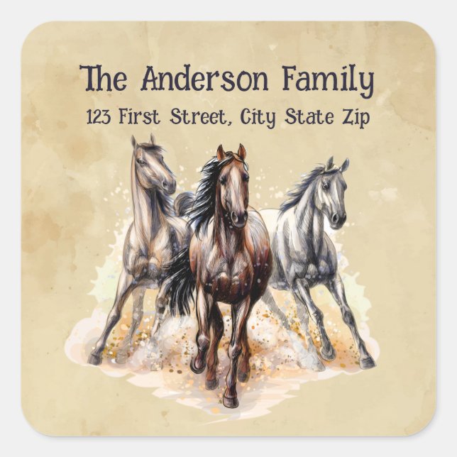 Pegatina Cuadrada Watercolor Hors Farm Animal Art (Anverso)
