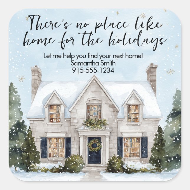 Pegatina Cuadrada Watercolor House Real Estate Pop-By Christmas (Anverso)