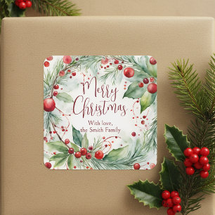 Pegatina Cuadrada Watercolor Invierno Wreath Feliz Navidad